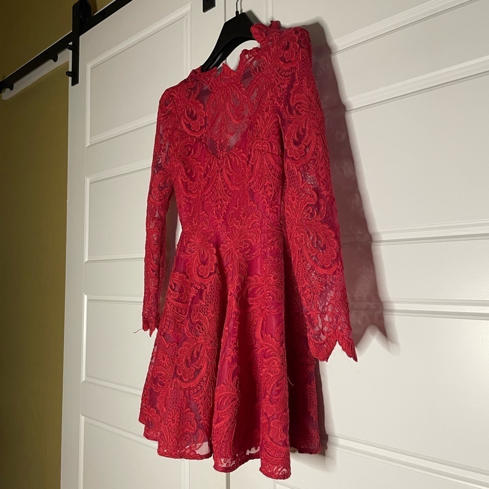 Saylor Red Raspberry Rita Lace A-Line Open Back Dress - Picture 6 of 9